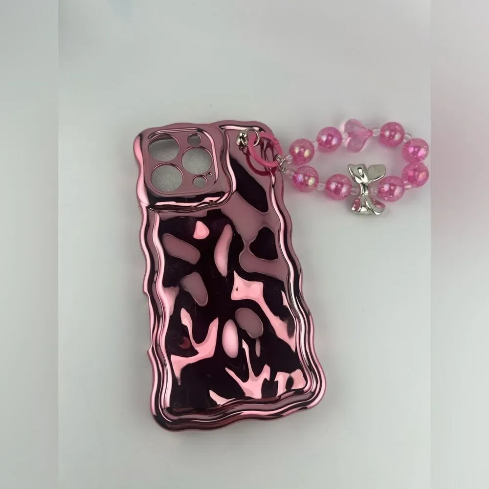 Glossy Pink Wave Case with Beaded Handle for iPhone 15 Pro Max